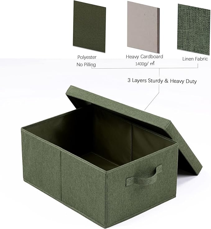 HOONEX Storage Bins with Lids for Organizing, Pack of 2, Storage Boxes with 2 Carrying Handles and Sturdy Heavy Cardboard, 16.5" L x 11.8" W x 7.5" H for Shoes, Books, Clothes, Olive-Ruum Studio Home