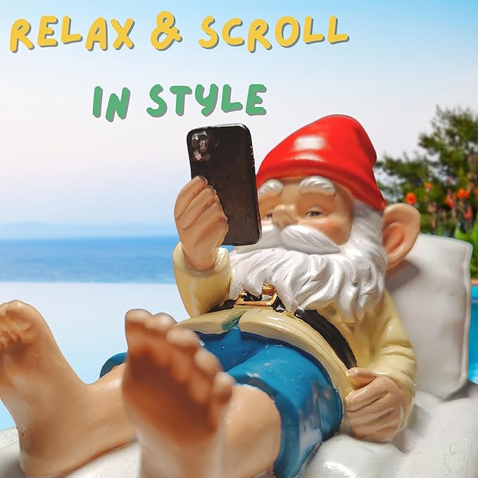 Relaxing Pool Gnome with Smartphone - 5.6" Heavy Resin Garden Statue - Weather-Resistant Funny Lawn Ornament - Summer Patio Decor - Unique Housewarming Gift-Ruum Studio Home