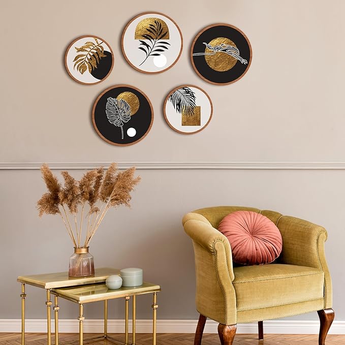 Qunclay 5 Pcs Wall Art Decor Wooden Living Room Wall Decor Bohemian Hanging Farmhouse Geometric 10'' and 8'' Aesthetic Wood Minimalist Posters for Bedroom(Rustic, Leaf)-Ruum Studio Home