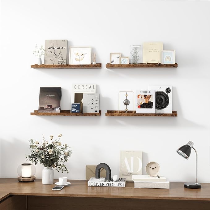 Picture Ledge Shelf, Wood Floating Shelves Set of 4, 24 inch Picture Ledge Shelves, Photo Ledge Nursery Book Shelves Wall Mounted for Living Room Kids' Room Bedroom, Color Brown-Ruum Studio Home