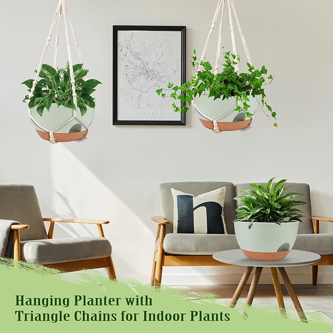 Hanging Planters for Outdoor Indoor Plants, 2 Pack 12 Inch Hanging Basket Plants Outdoor, Self Watering Hanging Planter with Plant Hanger for Garden Home Decoration (2 Type Plant Hangers Green)-Ruum Studio Home