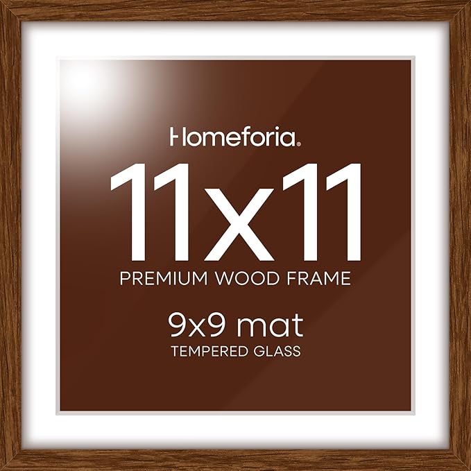 Homeforia 11x11 Picture Frame Brown, High-End Dark Oak 11 x 11 Square Brown Wood Frames with Mat 9 by 9 Photo, 11by11 Wooden Walnut Poster Frame Matted to 9x9 Print, Tempered Glass, Wall Kit, Set of 1-Ruum Studio Home