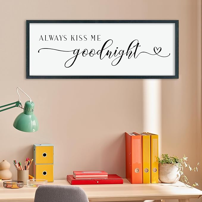 comurdyo Always Kiss Me Goodnight Sign for Bedroom Above bed Wall Decor 40''×15'' Large Wood Frame For Couples Over Bed Hanging Wall Art (Black)-Ruum Studio Home
