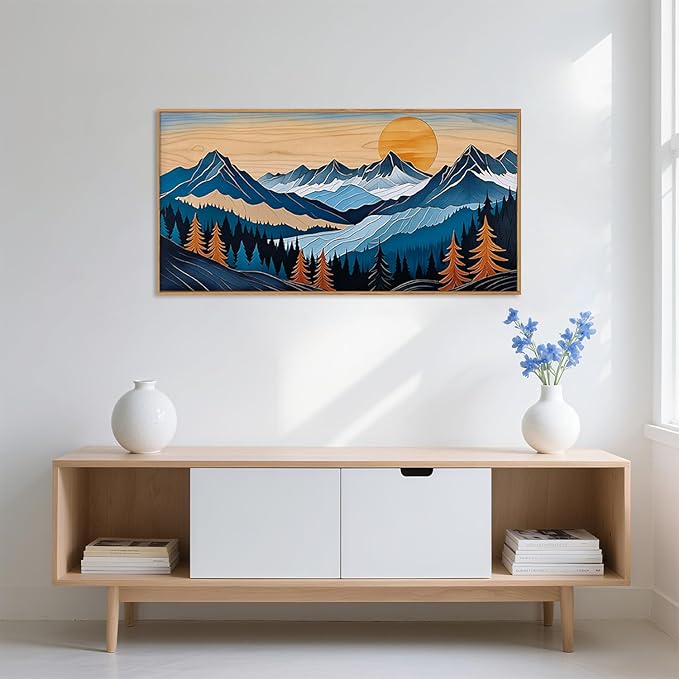 Blue Woodcut Mountain Framed Canvas Wall Art Set, Boho Abstract Ridge Wall Decor, Pine Tree Landscape Wall Painting, Sunrise Forest Art Print for Living Room, Bedroom, Office - 20"X40"-Ruum Studio Home