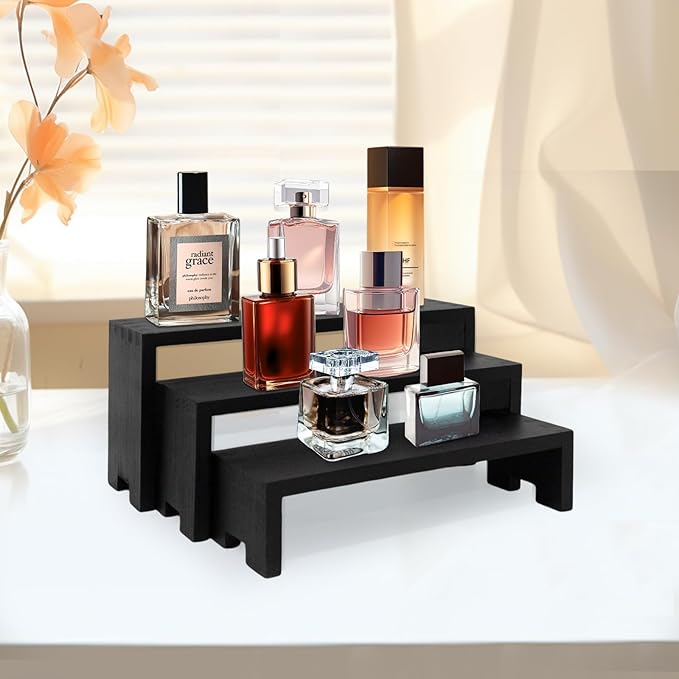 Display Wood Risers Wooden Stand 3 Tier Black Wood Racks Decorative Rectangular, 2 Set 6 Piece Cupcake Stands Cologne Perfume Organizer Dessert Showcase(Black)-Ruum Studio Home
