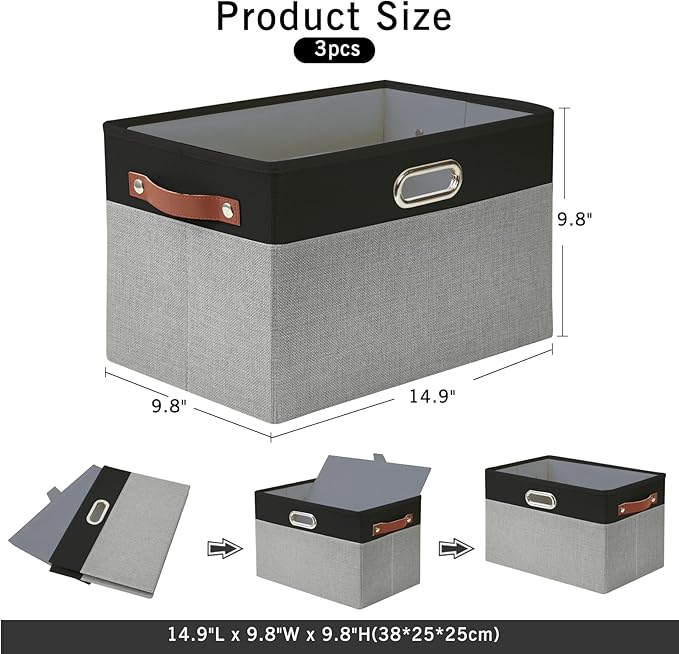 Large Collapsible Fabric Storage Bins with 3 Handles, Foldable Organizer Baskets for Closet, Shelves, Living Room | 3 Pack, Durable PU & Metal Handles (14.9"x9.8"x9.8", Black & Gray)-Ruum Studio Home