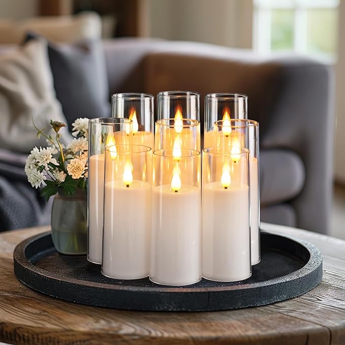 Amagic Pure White Flameless Candles, 9 Pack Battery Operated Candles with Remote and Timer, Acrylic Flickering Electric LED Candles for Wedding, Holiday Decor, D2.2''xH5''6" 7", Warm Yellow Glow-Ruum Studio Home