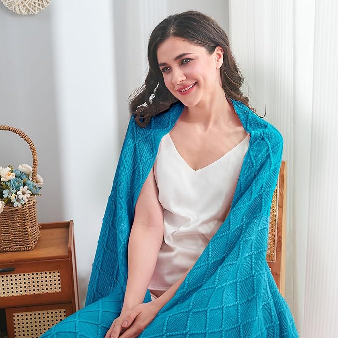 inhand Teal Throw Blanket for Couch and Bed, Soft Living Room Home Decor Knitted Twin Size Blanket, Outdoor Lightweight Breathable Summer Blanket, Farmhouse Warm Woven Decorative, 60"x80"-Ruum Studio Home