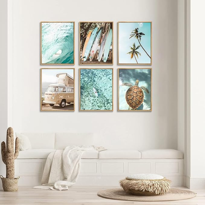 Laywhq Coastal Beach Wall Art Summer Ocean Surf Tropical Canvas Wall Decor Summer Nautical Palm Tree Turtle Surfboard Bus Room Paintings Prints Posters for Bedroom Living Room Set of 6 8x10in Unframed-Ruum Studio Home