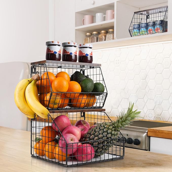Fruit Basket, Stackable Wall Mounted Fruit Baskets, Potato Baskets Onion Storage for Kitchen, Hanging Wire Basket with Wood Lid, 2-Tier Vegetable Organizer Kitchen Countertop Organization-Ruum Studio Home