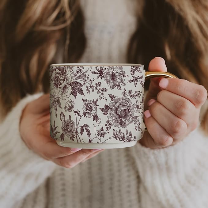 Sweet Water Decor Brown Delft Mug with Gold Handle, 14oz Fine Bone China Coffee Cup for Tea, Latte, or Hot Cider, Vintage Floral Fall Drinkware, Hostess & Housewarming Gift for Women & Teachers-Ruum Studio Home