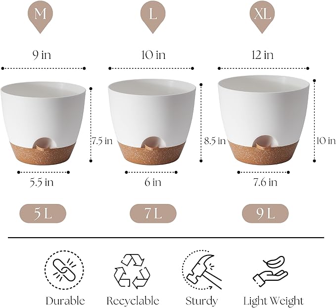 Giraffe Creation Plant Pots Set of 3 (12/10/9 inch), Self-Watering Indoor & Outdoor Flower Planters with Drainage Hole and Reservoir, White-Ruum Studio Home