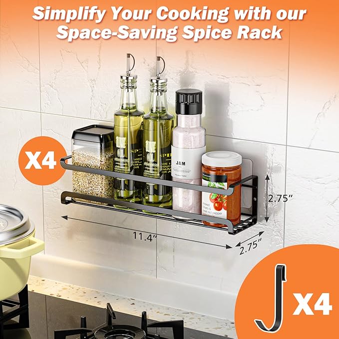 Spice Rack Wall Mounted 4 Pack,Space-Saving Spice Organizer for Spice Jars and Seasonings,Screw or Adhesive Hanging Spice Rack Organizer for Your Kitchen Cabinet,Pantry Door,11.41x2.75x2.75in-Ruum Studio Home