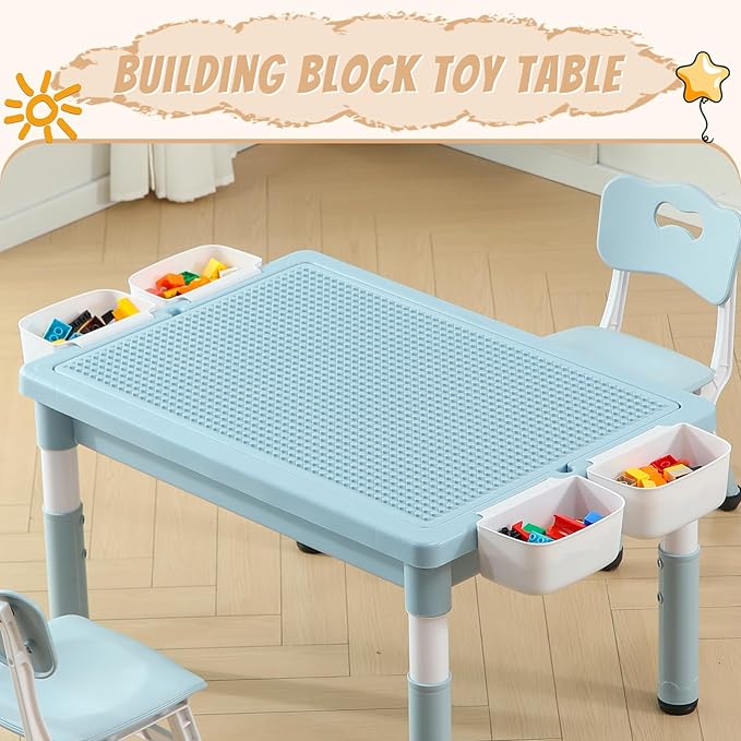 Multi Functional Kids Table and 2 Chairs Set, Graffiti & Building Blocks Double-Sided Tabletop, Toddler Play Table with Drawers, Large Storage Space, Gift for Boys/Girls, Blue-Ruum Studio Home