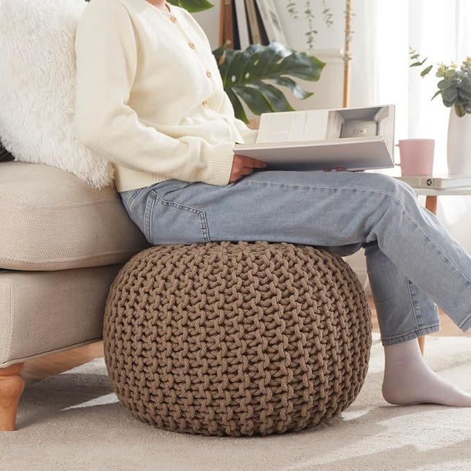 Ornavo Home Pouf Ottoman Foot Rest - 100% Cotton Pouffe - Hand Knitted Cable Braid Cord - Boho Round Stuffed Ottoman for Living Room, Bedroom - Taupe/Brown-Ruum Studio Home