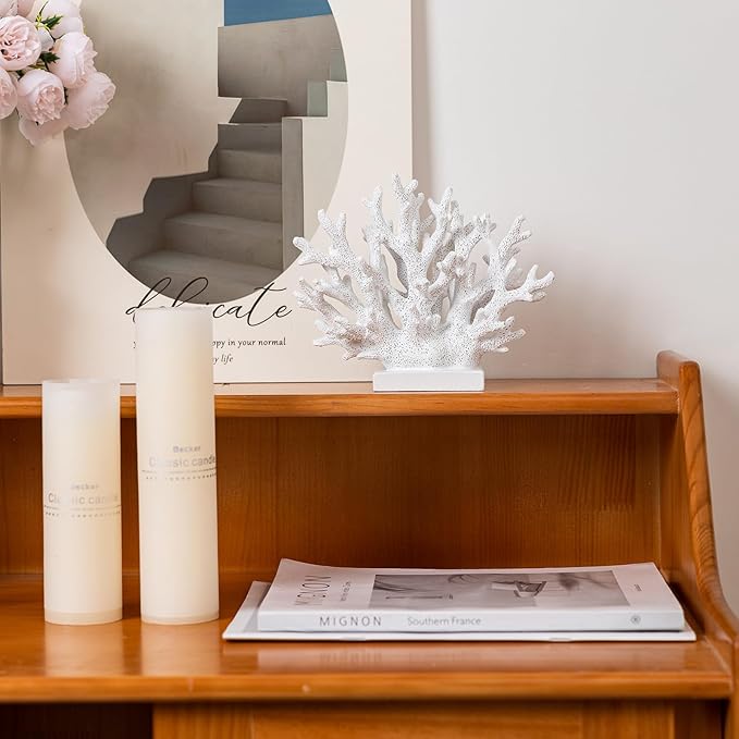 5.8" H White Coral Decor, Resin Coral Statue, Nautical Decorations for Home, Bedroom, Bathroom, Living Room, Beach/Coastal/Ocean Themed Cabinet Shelf Tabletop Decor-Ruum Studio Home