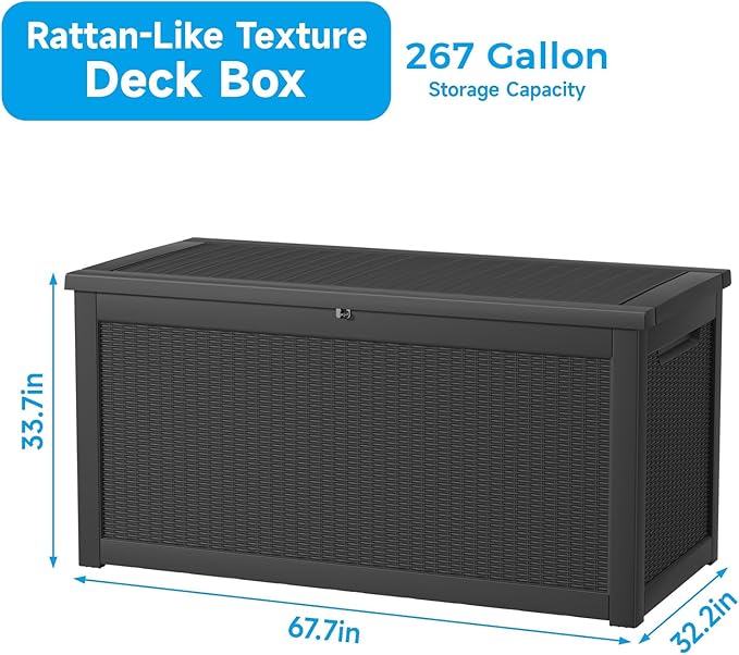 267 Gallon Deck Box Large Outdoor Storage for Patio Furniture,Outdoor Cushions,Garden Tools and Pool Supplies,Waterproof,Resin,Lockable(Black Rattan)-Ruum Studio Home