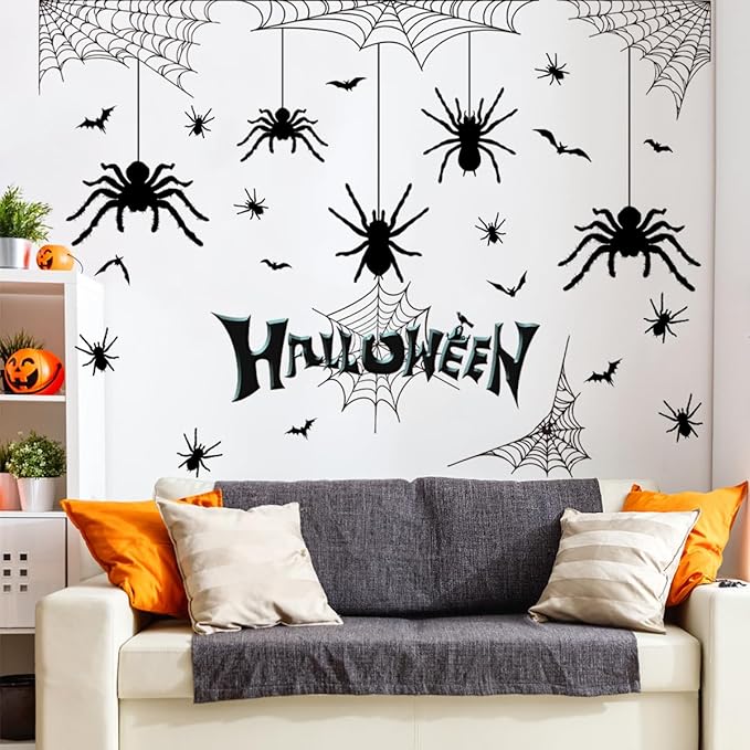 Halloween Spider Web Bat Patterns Wall Decals - Peel and Stick Removable Stickers for Scary Theme Party Decorations-Ruum Studio Home