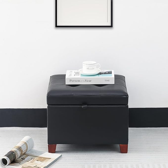 Adeco Faux Leather Storage Ottoman with Hinged Lid, 14 Inch High Black Square Cube Foot Stool with Storage, Upholstered Vanity Stool with Solid Wood Legs for Living Room, Bedroom, Dorm-Ruum Studio Home
