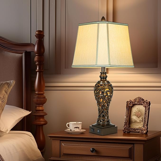 28.5" high Vintage Brown Table Lamps Set of 2 - Bedside Lamp with Faux Silk Shades - for Bedroom and Living Room with USB and Nightlight - Perfect for Nightstands and Bedrooms (Bulb Included)-Ruum Studio Home