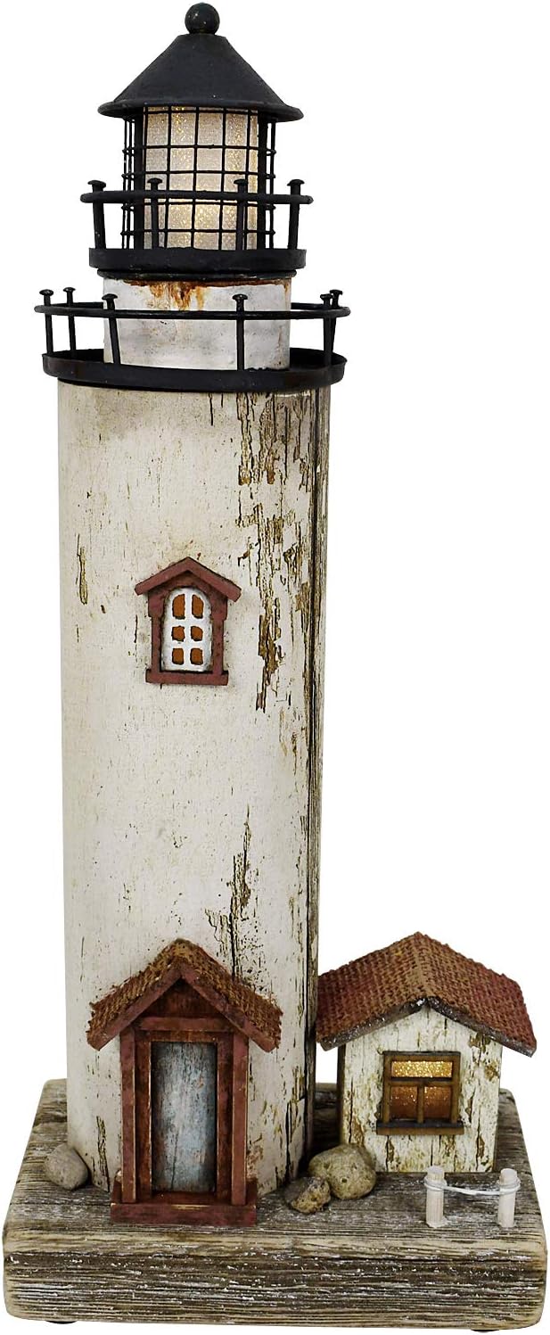 Linfevisi Wood Lighthouse Decor Rustic LED Light House Decor Wooden Decorative Nautical Lighthouse Statue Coastal Beach Themed Lighthouse Handcrafted Tabletop Decoration Home Bathroom (12")-Ruum Studio Home