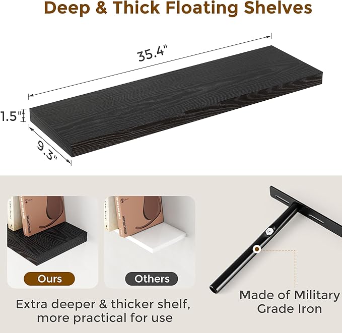Fun Memories Black Floating Shelves 36 Inch Long, 9 Inch Deep Wall Shelves Set of 2, 36 x 9 Floating Shelf for Wall, Rustic Wood Floating Shelves for Kitchen, Living Room, Bedroom-Ruum Studio Home