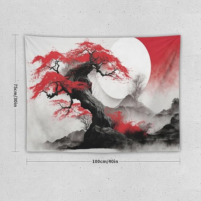 Cherry Blossoms Tapestry, Japanese Red Landscape Asian Abstract Art, Bedroom Living Room Decor 40"x30"-Ruum Studio Home