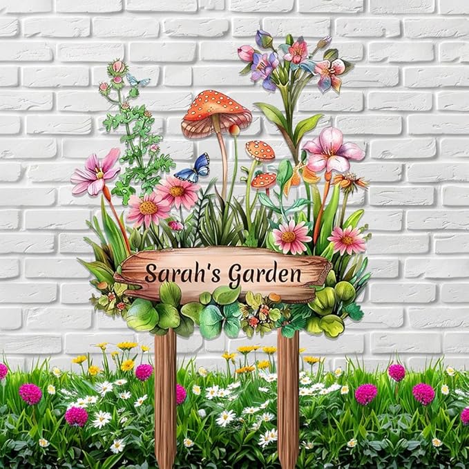 Personalized Mushroom Metal Sign with Stake,Custom Gardener Last Name Signs Outdoor Decoration,Customized Flowers Garden Accessories Decor for Grandma,Butterfly Plaques for Patio Lawn Porch Backyard-Ruum Studio Home