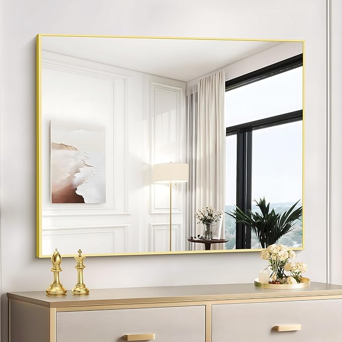 Gold Bathroom Mirror for Wall, 30x36 Inch Rectangle with Metal Frame, Modern Vanity for Bathroom Living Room, Entryway Hangs Horizontal or Vertical-Ruum Studio Home