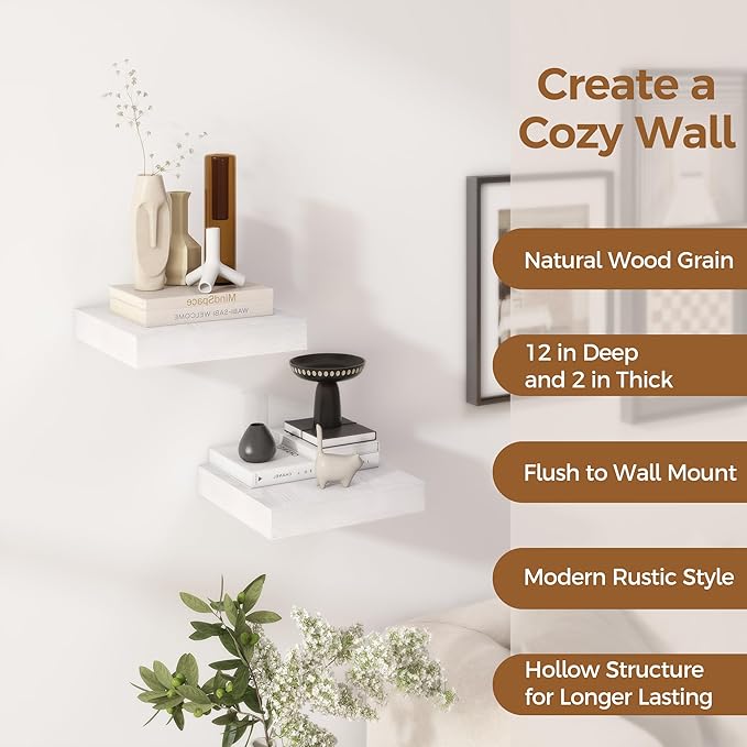 Fun Memories 12 Inch Floating Shelf, Rustic Wood Wall Shelves for Wall Decor & Storage, 12 x 12 Floating Shelf for Living Room, Bathroom, Bedroom, White, Set of 2-Ruum Studio Home