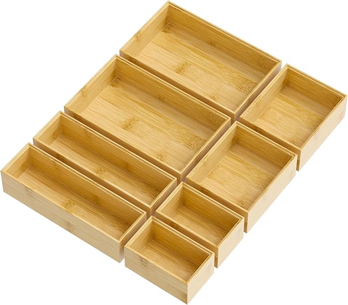 Bathroom Drawer Organizer Trays, Bamboo Silverware Drawer Organizer Kitchen Utensils, 8 PCS Wood Box Stackable Bins for Makeup, Office Desk, Vanity, Junk Drawer-Ruum Studio Home