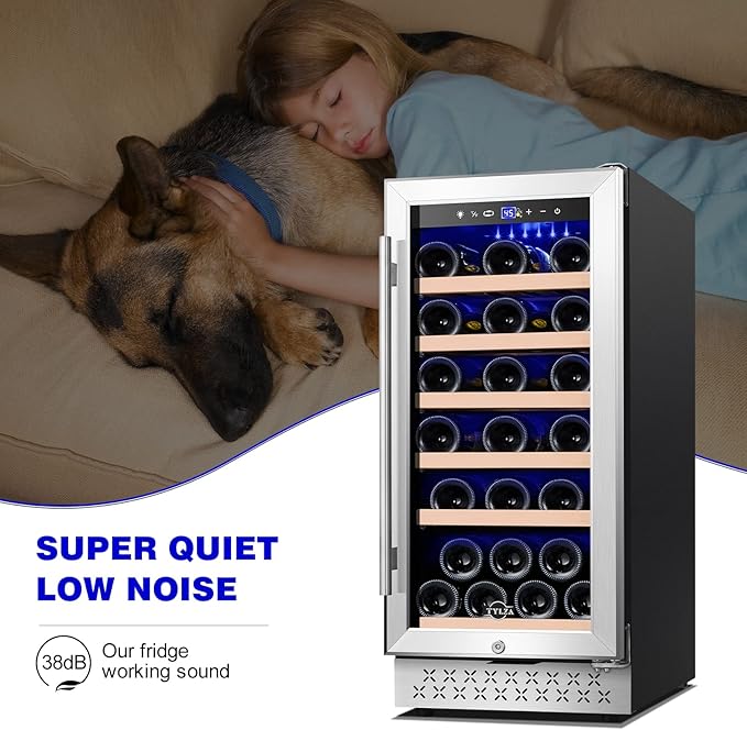 Tylza 15 Inch Wine Cooler Under Counter, 33 Bottle Built-in Wine Fridge with Stainless Steel Tempered Glass Door, Temp Memory Function, Freestanding Fast Cooling Wine refrigerator, Quiet Operation-Ruum Studio Home