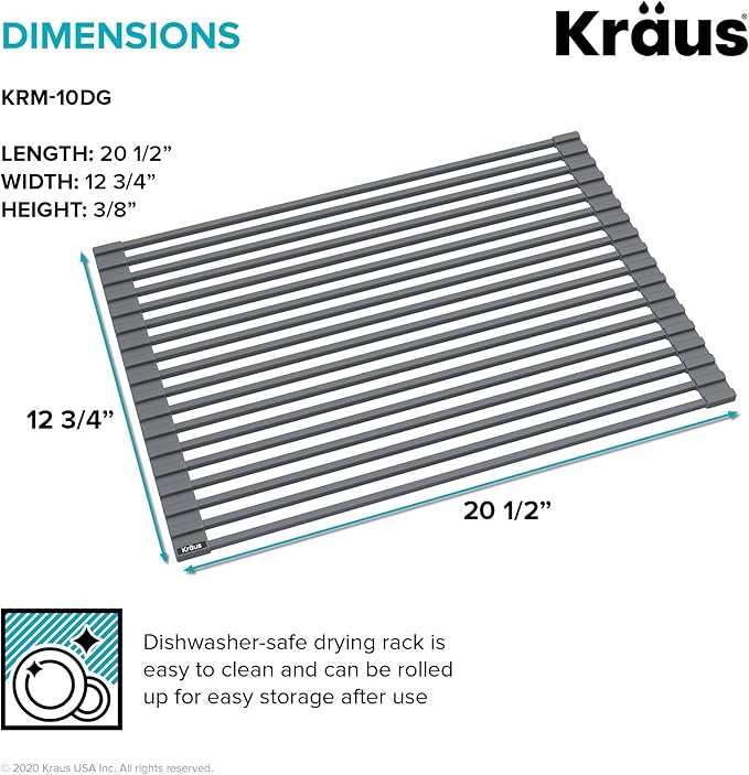 Kraus Roll Up Dish Drying Rack with Self-Draining Silicone Dish Drying Mat and Silicone Soap Dish Holder in Dark Grey, KDM-KRM-10DG-Ruum Studio Home