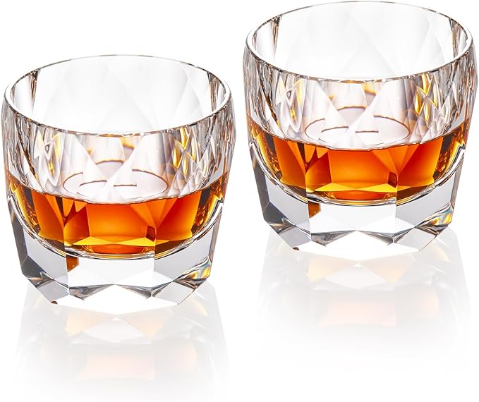 KAMMAK Crystal Whiskey Glasses Set of 2, 7.1oz Old Fashioned Glasses Stemless, Hand Blown White Cocktail Glasses, Luxury Handcrafted Cut Ice Ball Cup for Women, Perfect Men Gift for Bourbon-Ruum Studio Home