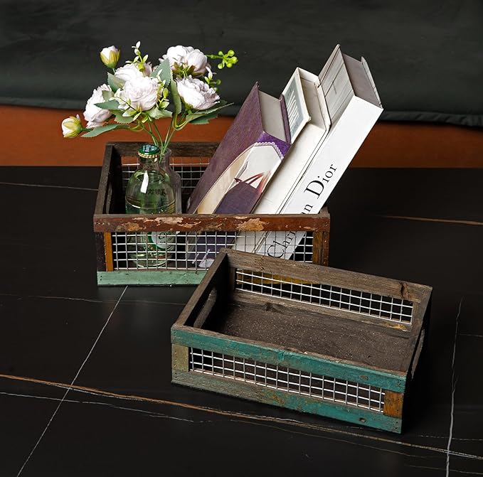 TIMRIS Set of 2 Rustic Wooden Countertop Baskets, Farmhouse Distressed Nesting Boxes, Small Decorative Wooden Storage Crates, Reclaimed Wood Organizer Baskets with Wire Mesh (Random)-Ruum Studio Home