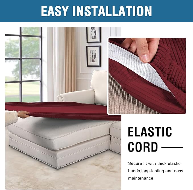 H.VERSAILTEX Super Stretch Individual Chaise Cover Sectional Couch Covers for L Shaped Sofa Both Left/Right Featuring Thick Jacquard Textured Twill Fabric (1 Piece Chaise Cover, Burgundy Red)-Ruum Studio Home
