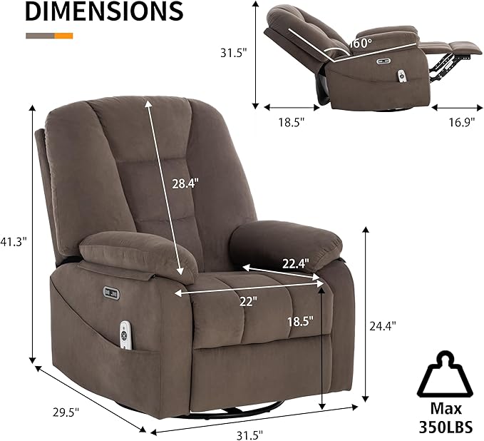 Power Swivel Rocker Recliner Chair for Adults,Rocking Recliners Chairs with Massage and Heat for Living Room, Electric Fabric Reclining Sofa Chair with USB and Type-C Port (Fabric Brown)-Ruum Studio Home