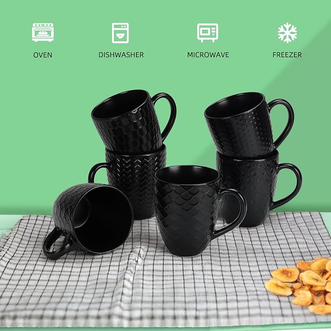 16 OZ Bone Coffee Mugs Set of 6 Matte Black, Large Ceramic Coffee Mugs Set with Different Texture Patterns, Porcelain Cups with Handle for Espresso Latte Tea Milk-Ruum Studio Home