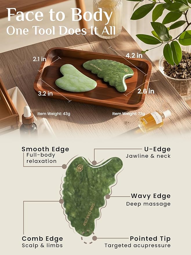 Rena Chris Body Gua Sha Tools, Natural Xiuyan Jade GuaSha Tool, Manual Massage Sticks for Jawline Sculpting and Puffiness Reducing, Whole Body Skin Care Massager (Green)-Ruum Studio Home