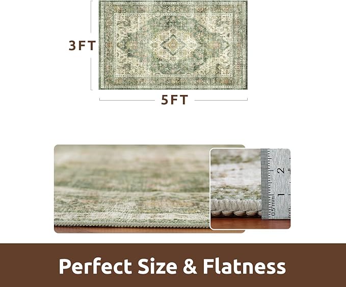 AMOAMI-3X5 Area Rug-Soft Washable Vintage Throw Accent Rugs for Living Room, Entryway, Bedroom, Kitchen, Bathroom, Laundry Room, Kitchen, Bathroom, Bedside, No Slip Green-Ruum Studio Home