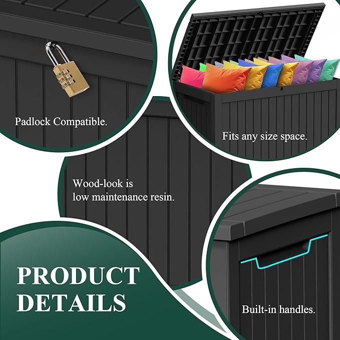 230 Gallon Outside Storage Box, Resin All Weather Storage Cabinet, Large Deck Box for Garden Tools, Patio Furniture, Sports Equipment, Black-Ruum Studio Home