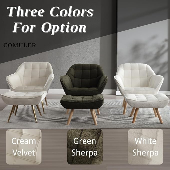 White Sherpa Accent Chair with Ottoman ，Modern Reading Chair with Ottoman Set, Comfy Fuzzy Armchair Living Room Chair Lounge Chair with Wood Legs for Small Spaces Bedroom Apartment-Ruum Studio Home