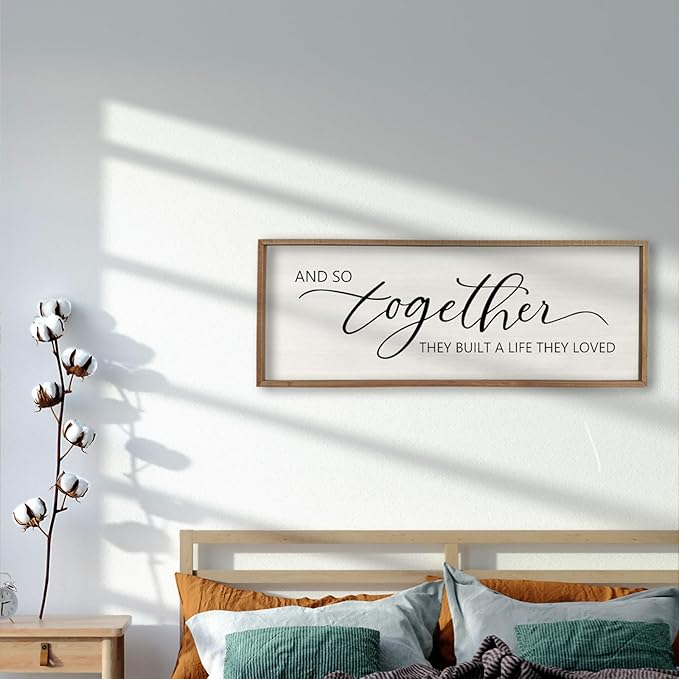 And So Together They Built A Life They Loved Sign 40”X15” Master Bedroom Above Bed Wall Decor Large Framed Wood Farmhouse Sign for Over Bed Bedside Wall Art for Love Sign Decor (Wood)-Ruum Studio Home