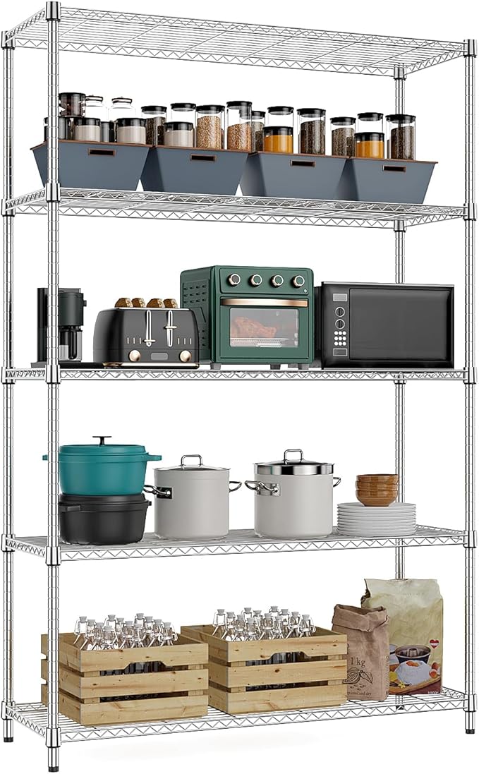 MZG 1750 lbs 5 Tier Storage Rack Metal Wire Shelving Unit, Storage Standing Household Shelf Organizer for Kitchen Pantry Closet Garage Basement Utility Room, Chrome 15.8" D x 45.3" W x 70.4" H-Ruum Studio Home