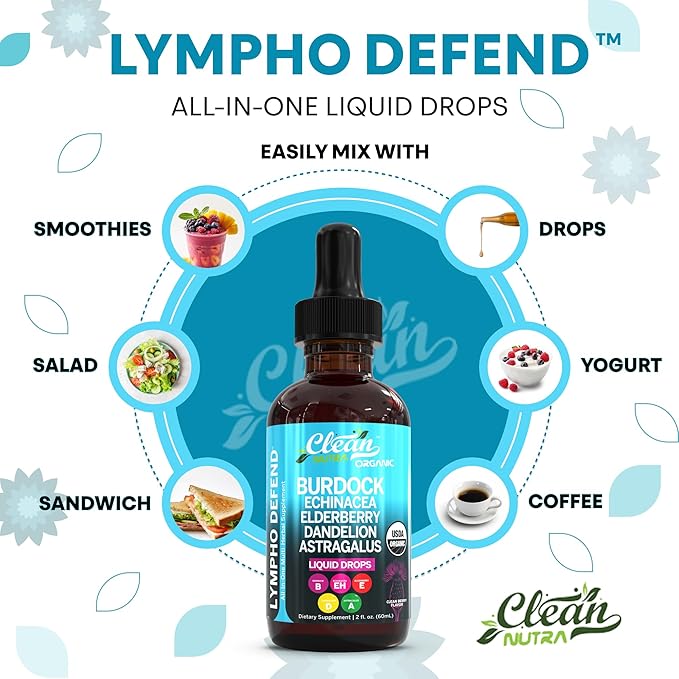 Organic Lymphatic Drainage Supplement | Lymphatic Support Drops | Burdock Root Echinacea Elderberry Dandelion Astragalus Milk Thistle Sea Moss Red Clover Cleanse Marigold Drop by Clean Nutra-Ruum Studio Home