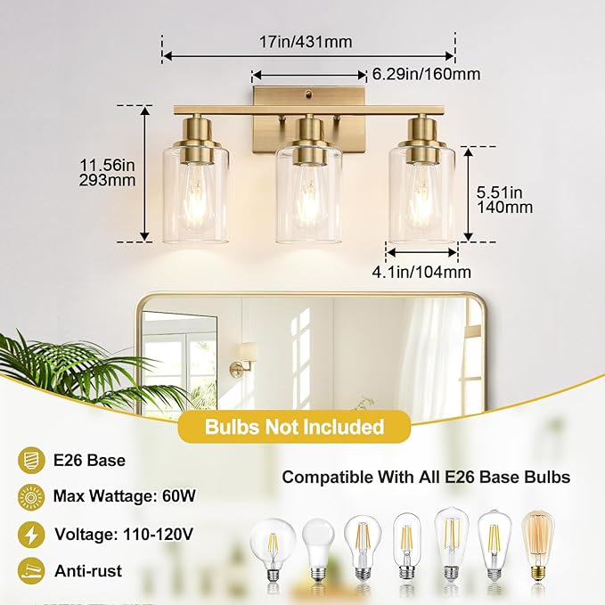 3 Light Bathroom Light Fixtures, Brass Vanity Lights for Bathroom with Clear Glass Shades, Modern Bathroom Wall Sconces for Mirror Living Room Cabinet-Ruum Studio Home