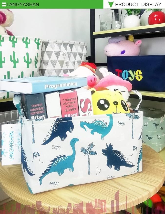 LANGYASHAN Rectangular Storage Bin Collapse Canvas Fabric Cartoon Storage Basket with Handles for Organizing Home Kitchen Boys and Girls Toys Office Closet Shelf Baskets (Rec green dinosaur)-Ruum Studio Home
