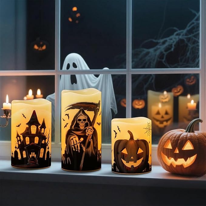 Wondise Halloween Flameless Flickering Candles with 6 Hour Timer, Battery Operated Real Wax Halloween Candles Set of 3 Halloween Decoration Grim Reaper, Haunted House, Pumpkin (3 x 4 5 6 Inch)-Ruum Studio Home
