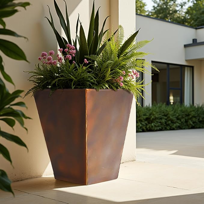 Worth Garden 14" Dia x 18" H Large Metal Floor Planter Set of 2, Matte Bronze Retro Finish Tall Square Tapered Steel Plant Pots, Decor Flower Pot Indoor & Outdoor, Drainage Hole-Ruum Studio Home