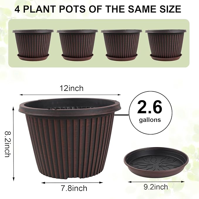 Large-Planter-Indoor-Outdoor Plant Pots, 12 inch 4 Pack Plastic Flower Pots with Saucer And Drainage Holes, Modern Garden Planters For Planting Medium Large Plants， Decorative Resin Garden Pots-Ruum Studio Home